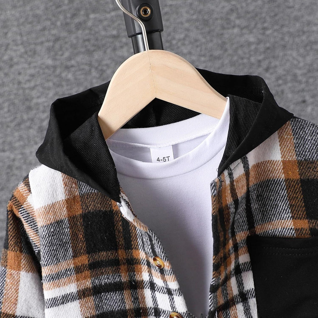Boys Clothes Flannel Plaid Shirt Hooded Sweatshirt & Pants 3PCS Kids Boys Fall Winter Outfits Sets
