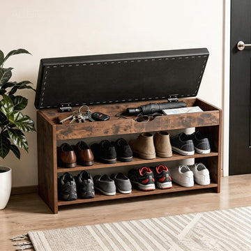 Shoe Rack Shoe Bench with Cushion Solid Wood Shoe Benches with 2 Shelves Shoe Organizer Bedroom Living Room Vintage