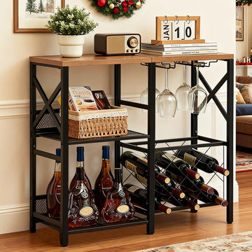 Wine Bar Cart, Rustic Freestanding Wine Rack with Glass Holder and Fence, Bar Cabinet with 2 Tier Storage, Liquor