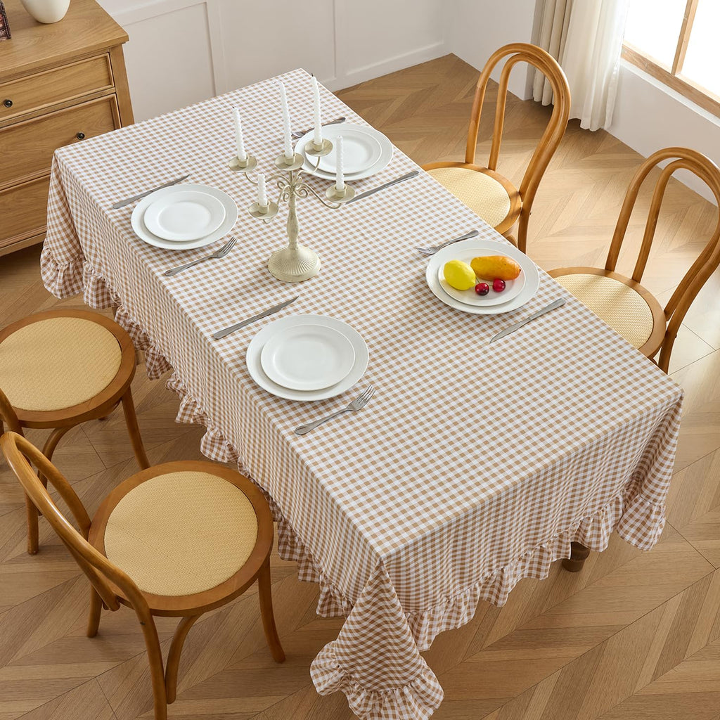 Taupe Gingham Ruffle Tablecloth 70x52 Inch, Plaid Tablecloth