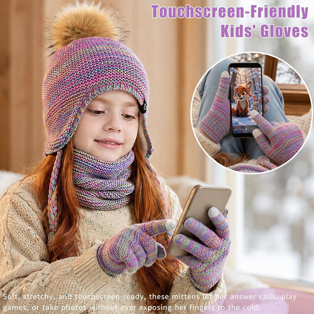 Kids Winter Hat Gloves Scarf Set Warm Earflaps Soft Fleece Lined