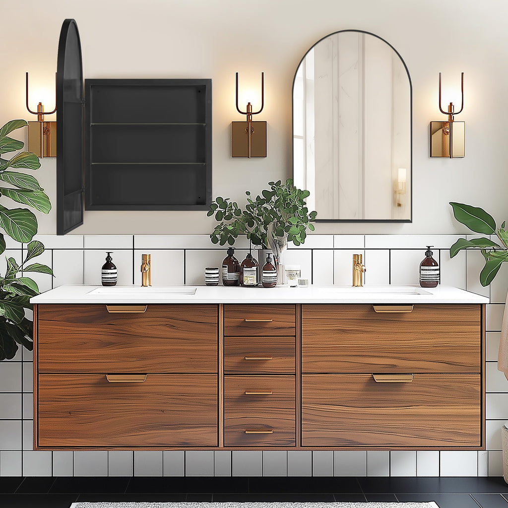 36x24 Inch Arched Bathroom Medicine Cabinet with Mirror Black