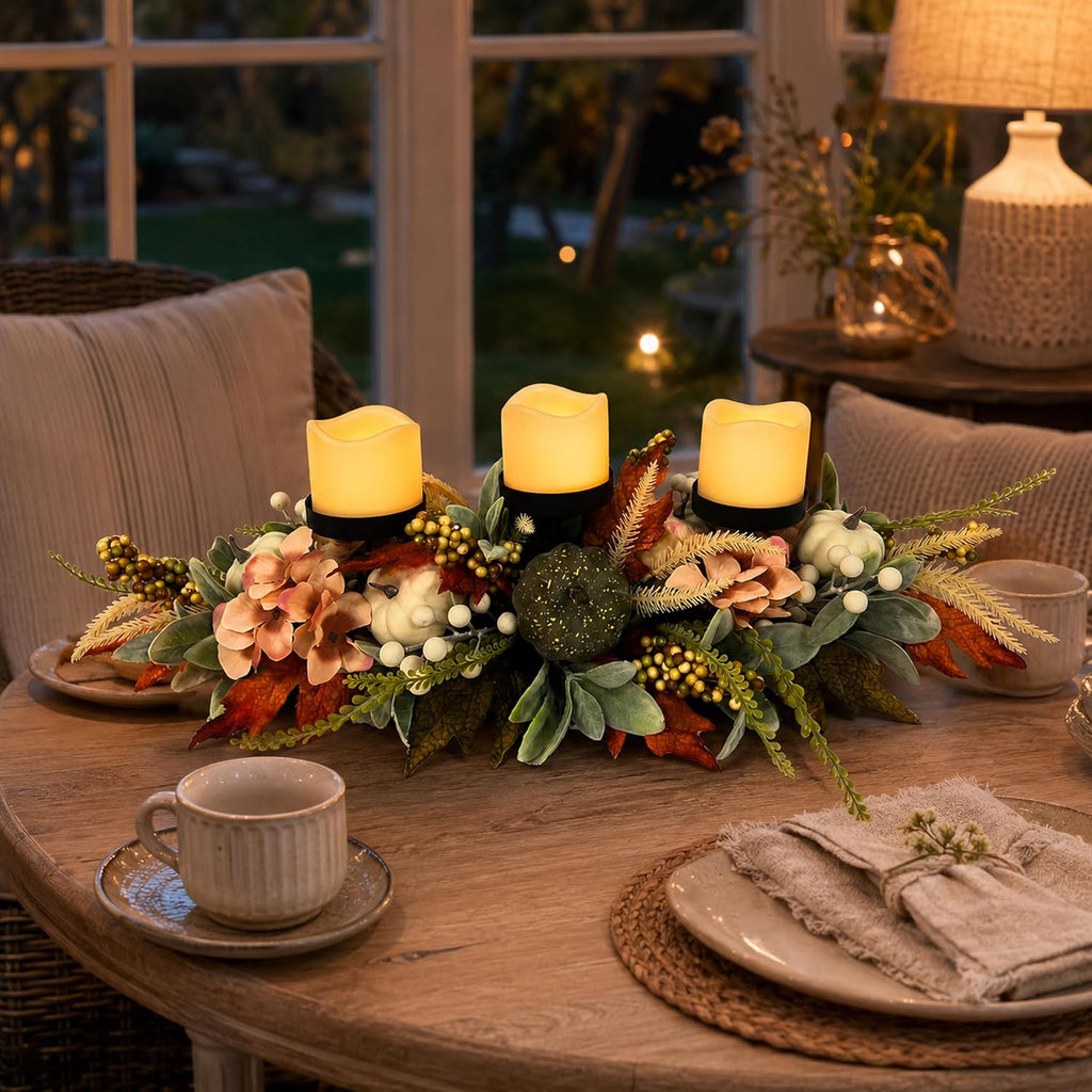 25 Inch Fall Candle Holder Centerpiece with Colorful Pumpkins