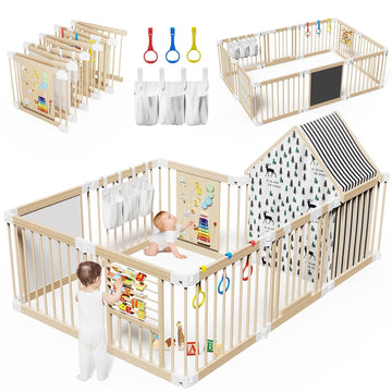 Large Wooden Baby Playpen with Locking Gate for Babies and Toddlers | Foldable Play Yard, Extra Large, Unique