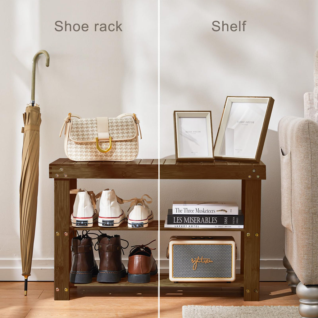 3 Tier Bamboo Shoe Rack Bench, Yellow Brown
