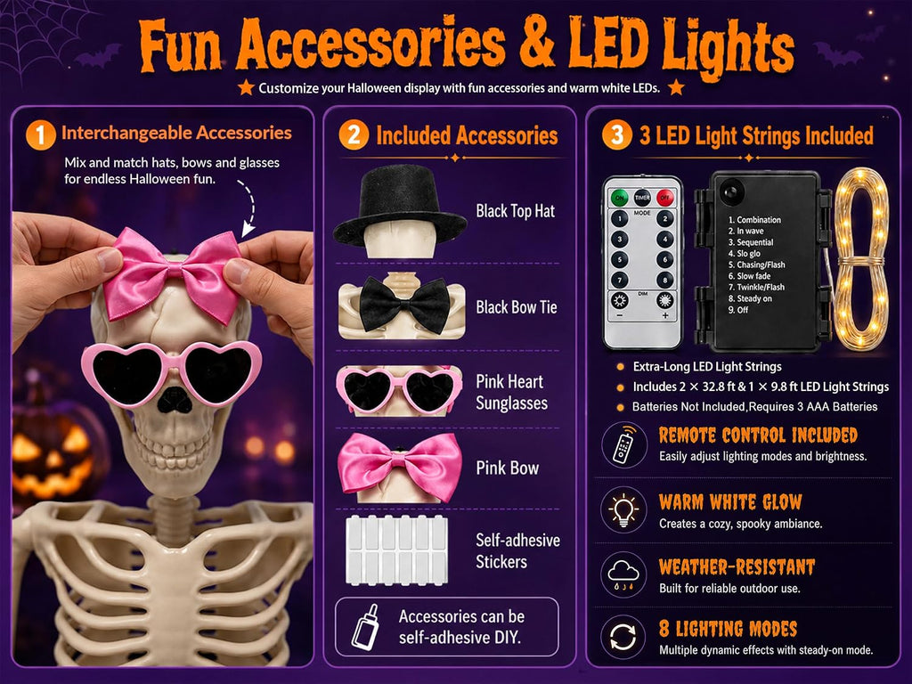 36-Inch 3-Piece Lighted Human & Dog Skeleton Halloween Decor - Set of 3