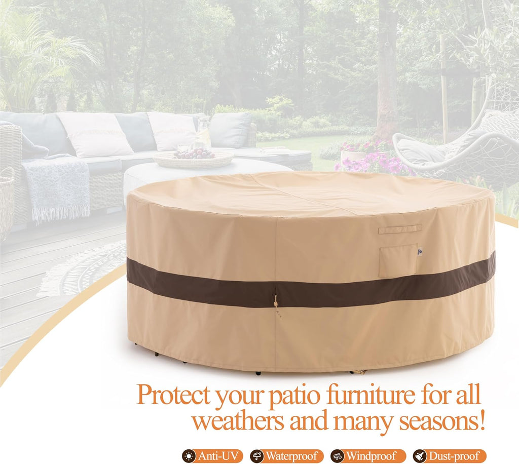XL Round Patio Outdoor Furniture Cover, 110"D x 31"H, Beige & Coffee | Waterproof, UV Resistant, Anti-Fading