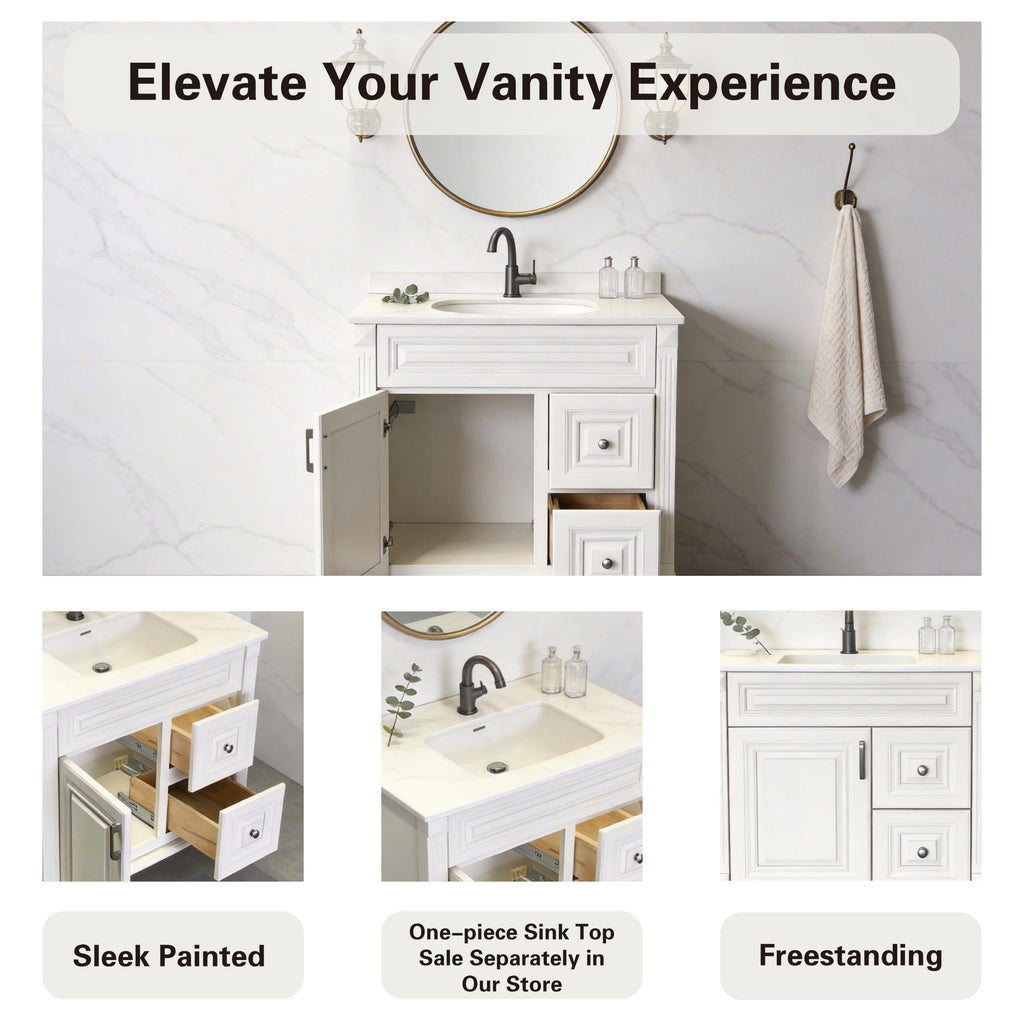 Antique White Solid Wood Single Bathroom Vanity Base Cabinet 30 inch W x 21 inch D x 32 inch H (Right Drawers)