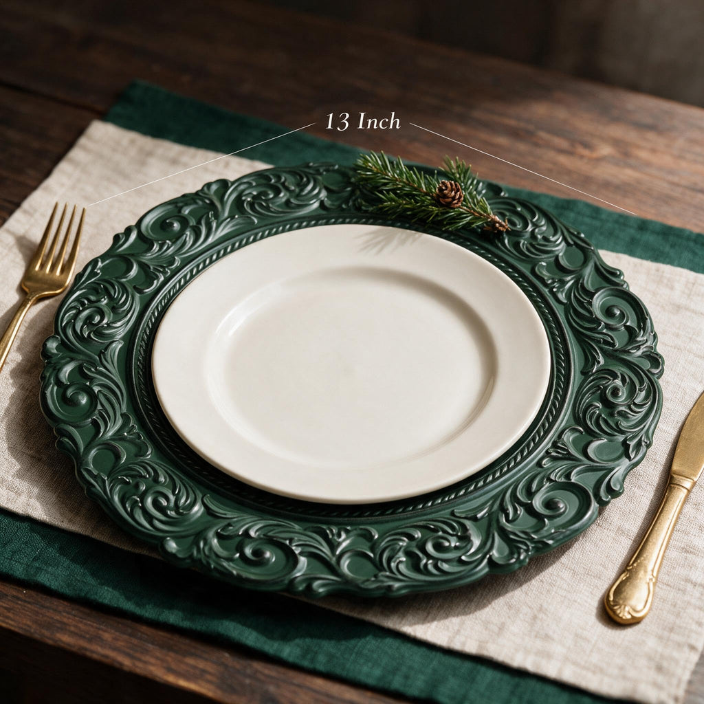 Antique Green Charger Plates, 13 Inch Plastic Plate Chargers for Dinner Plates, Wedding, Christmas, Thanksgiving.Set