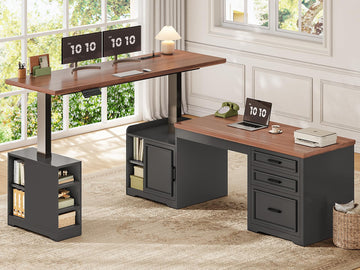 Farmhouse L Shaped Electric Standing Desk, 63" x 67" Height Adjustable Office Executive Desk with Drawers and