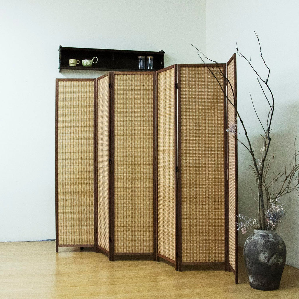 6 Panel Bamboo Room Divider - 5.6 ft Tall Brown Folding Privacy Screen, Double-Sided Freestanding Partition Wall with