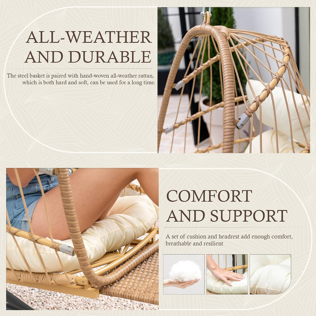 Hanging Egg Chair with Stand and Footrest for Indoor Outdoor, Beige | Hammock Egg Chairs with Footrest and UV