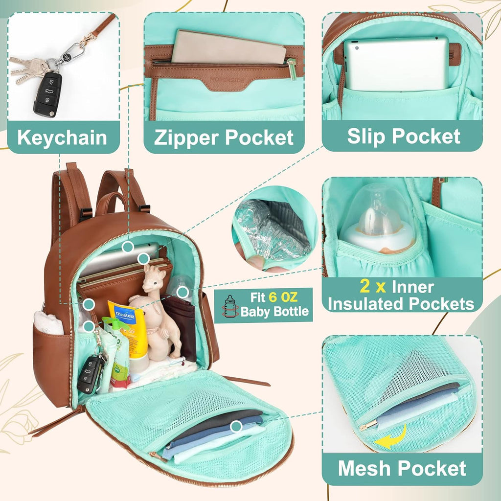 Small Diaper Bag Backpack, Mini Diaper Bag with 11 Pockets, Leather diaper backpack, Baby Diaper Bag for Baby Girls