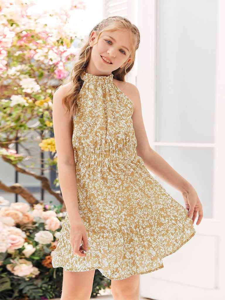 Floral Dresses Kids Summer Casual Halter Sleeveless Dresses