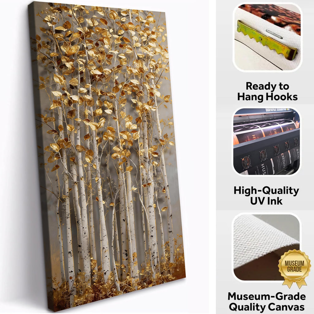 Birch Tree Canvas Wall Art, Gold-Tone 3D Visual Effect Forest Artwork, Flat-Printed Gallery Wrapped Canvas, Vertical