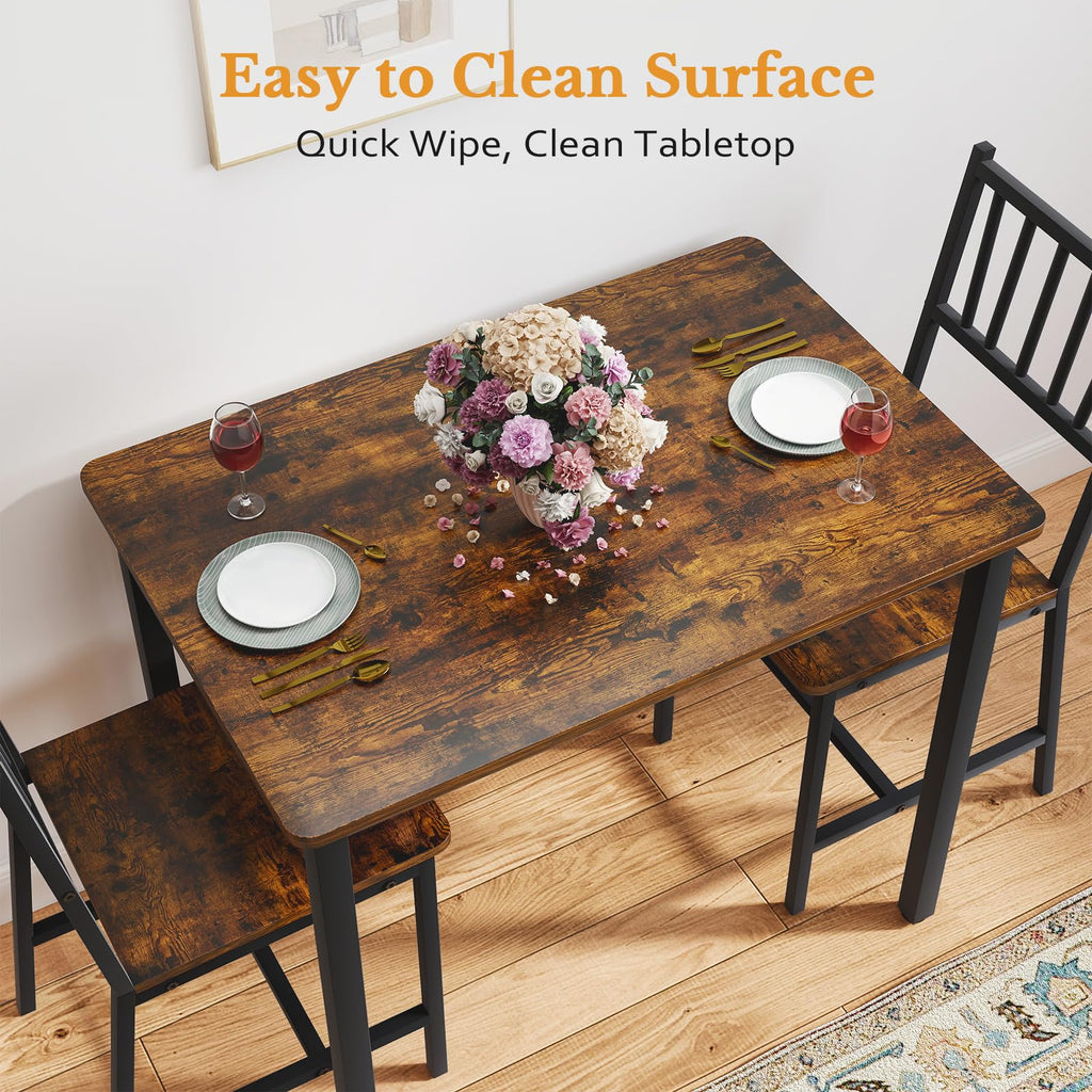 3 Piece Dining Table Set for 2 with Steel Frame & Adjustable Feet, Small Kitchen Table with 2 Chairs, Modern