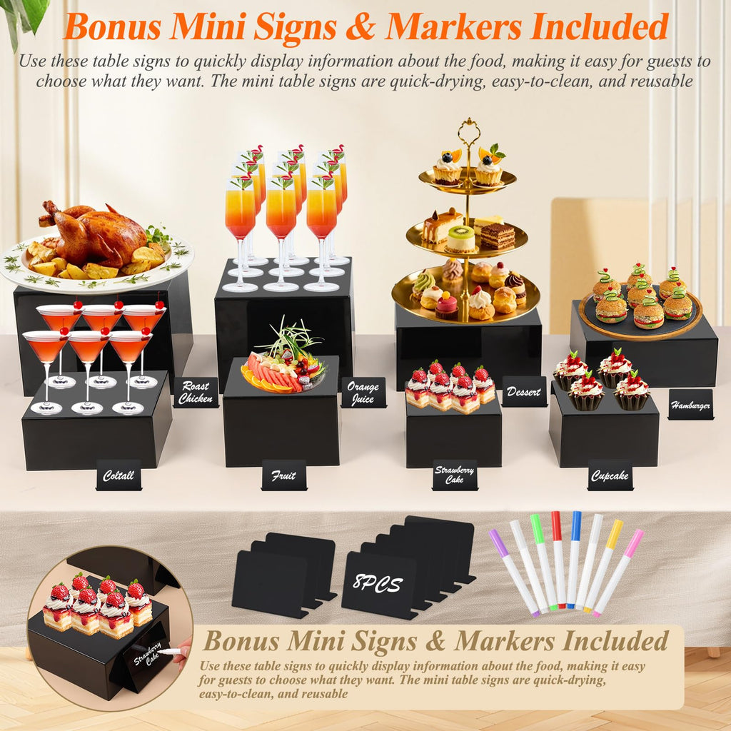 8Pcs Black Acrylic Buffet Risers with Mini Sign and Marker, Food Display Risers for Party Catering Dessert Jewelry