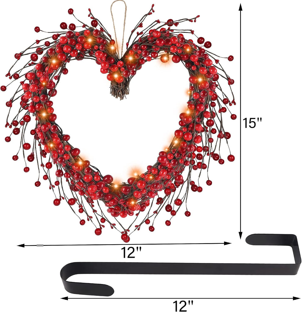 Valentine's Day Wreath, 15" LED Lighted Red Berry Heart Shaped Valentines Wreaths for Front Door, Battery Operated