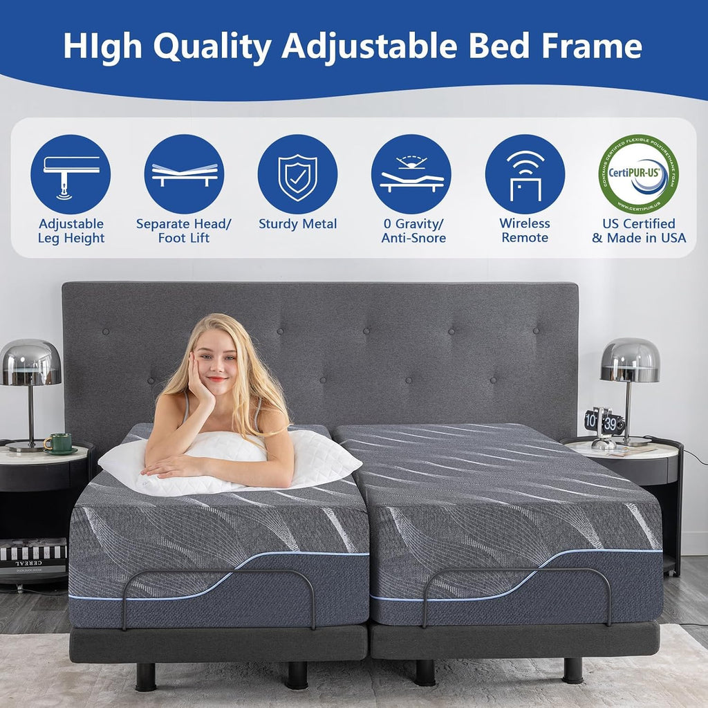 Split King Adjustable Bed Base, 12 Inch Gray Gel Memory Foam Medium-Firm Mattress in Box, Adjustable Bed Frame with 0