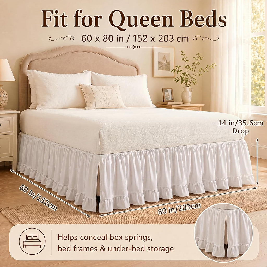 White Ruffled Queen Bed Skirt, 14 Inch Drop, Split Corners, Boho | Fits 60 x 80 in Queen Beds; 3 Sided Coverage;