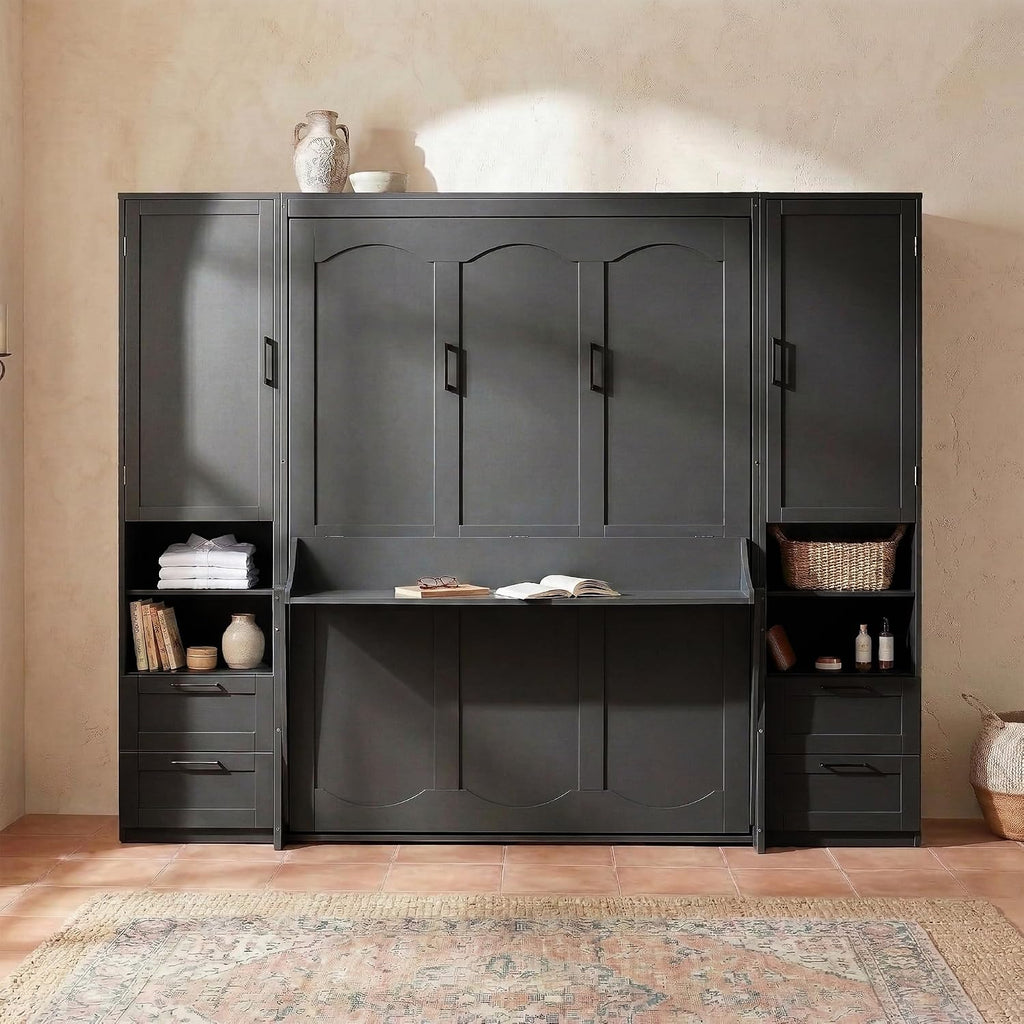 Queen Murphy Bed with Desk, Closet, Drawers and Shelves, Fold into The Wall, Space-Saving Foldable Wood Platform Bed