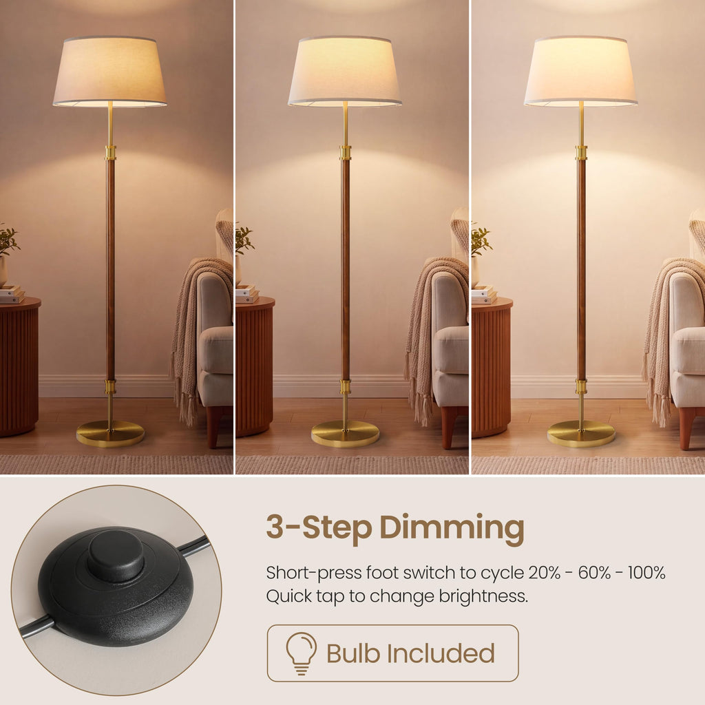 Mid Century Floor Lamp, Dark Walnut Wood Pole Standing Lamp with 18" Linen Shade, Brushed Gold Aluminum Accents, 11"