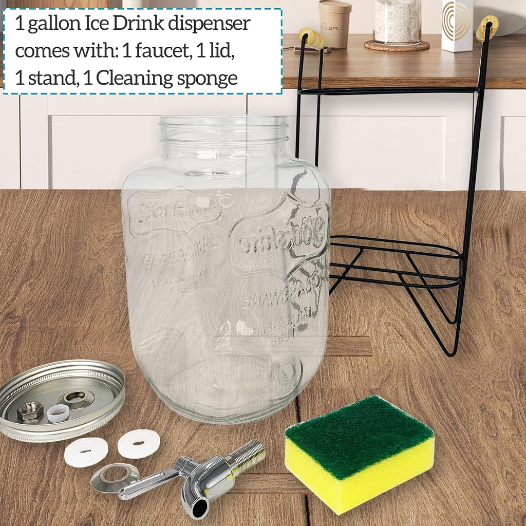 1 Gallon Drink Dispenser With Stand Leak Proof Stainless Steel Faucet Wide Mouth Mason Jar Style Glass Drink
