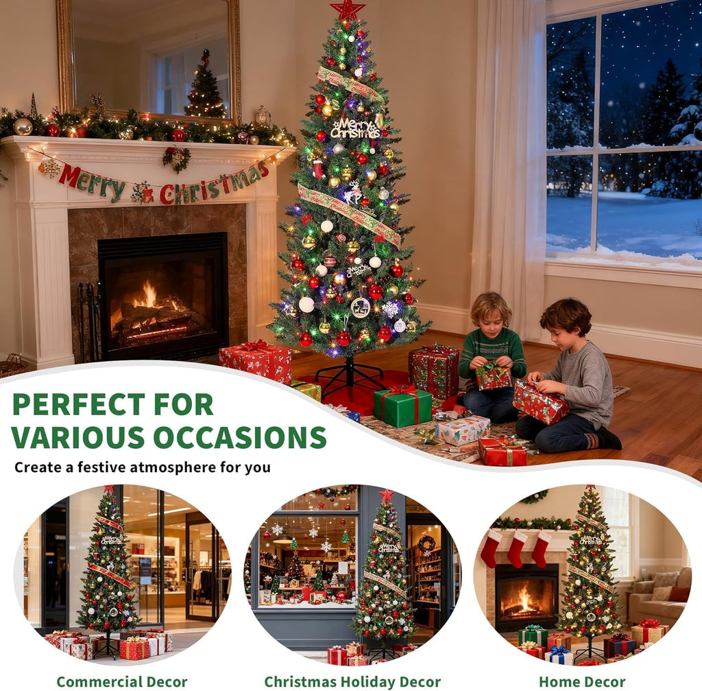Slim Artificial Christmas Tree with Lights, 9 Adjustment Modes - Prelit Pencil Tree Decor, Skinny Space-Saving