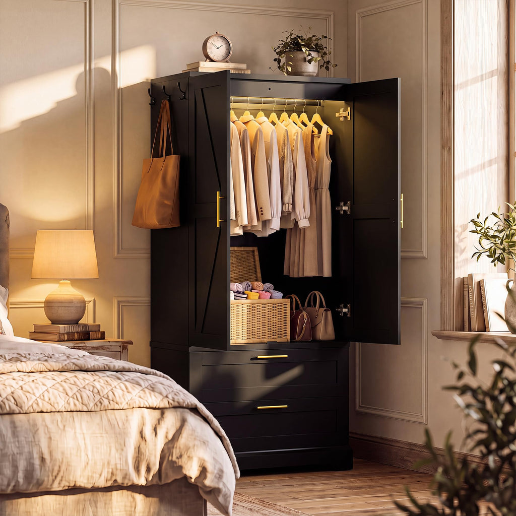 70.9" Armoire Wardrobe Closet with Sensor Light, 2 Drawers (Black)