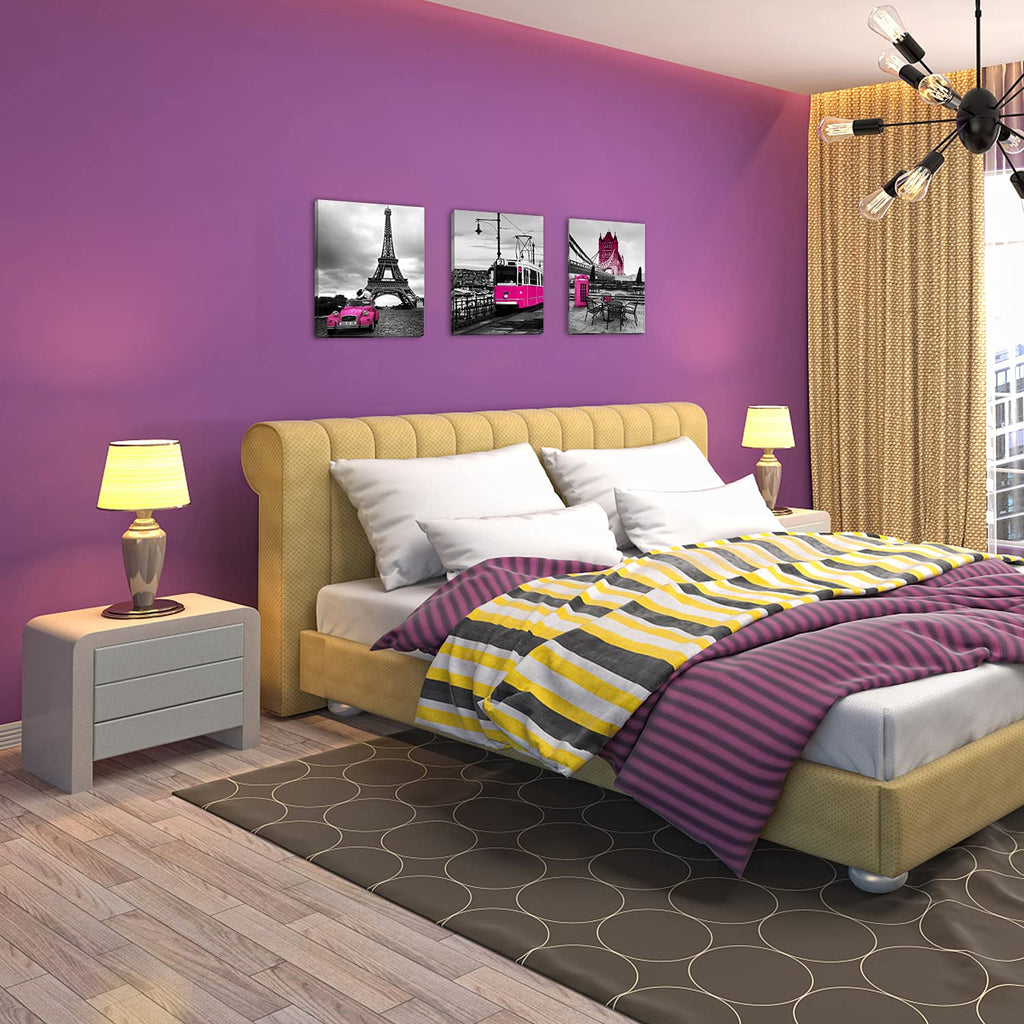 Hot Pink Paris Canvas Wall Prints Bathroom Bedroom Decor Eiffel Tower Cityscape Posters for Girls Room Decorations