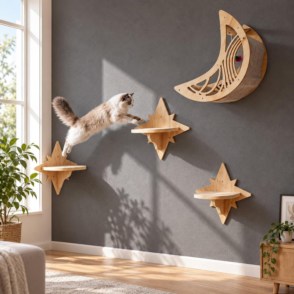 Cat Wall Shelves, Wooden Cat Wall Furniture with Moon Bed & 3 Star Steps, Cat Climbing Wall System, Floating Cat