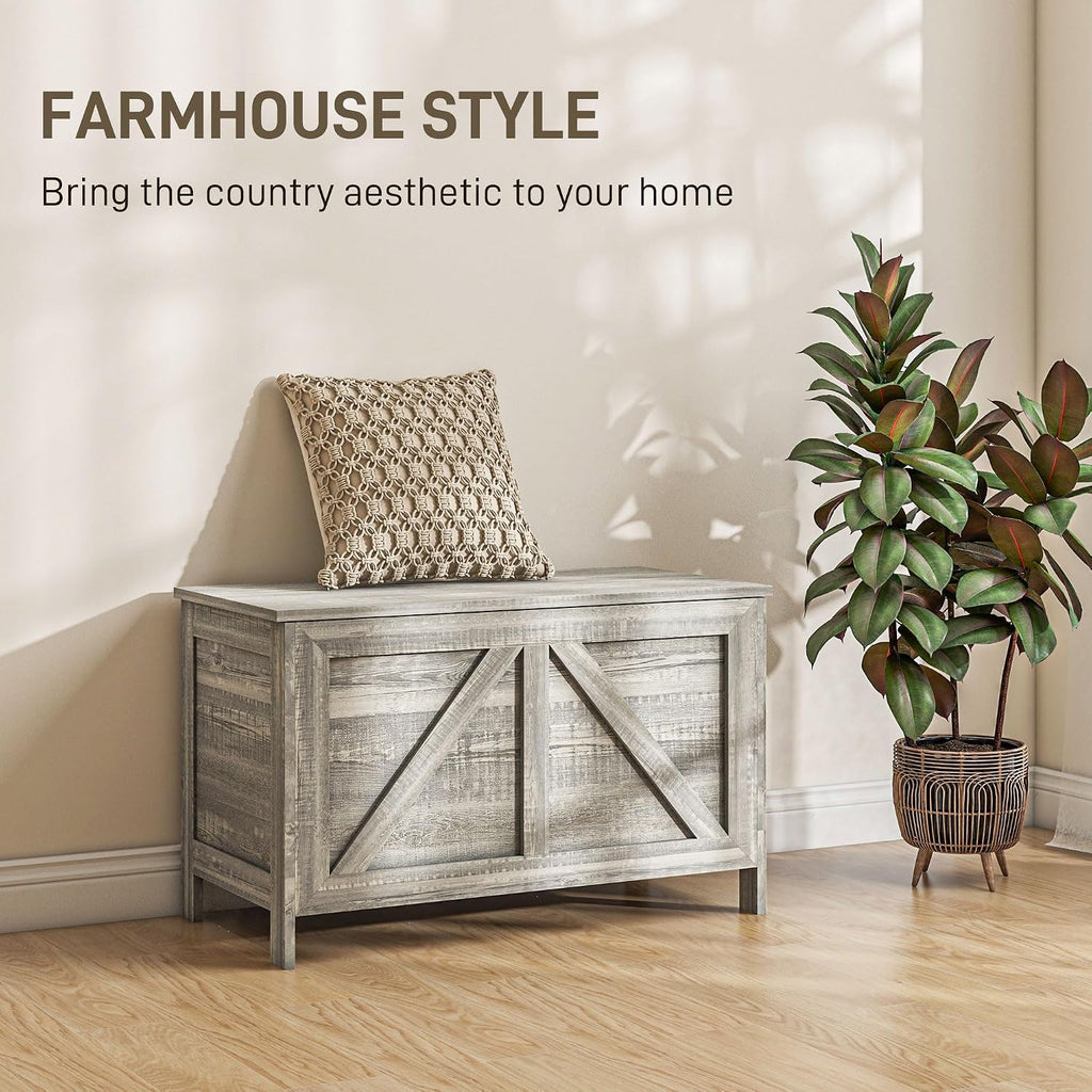 30" Farmhouse Storage Bench Lift Top Storage Chest in Light Gray | Safety Hinge, Open Up 100°, Wooden Trunk, Bedroom