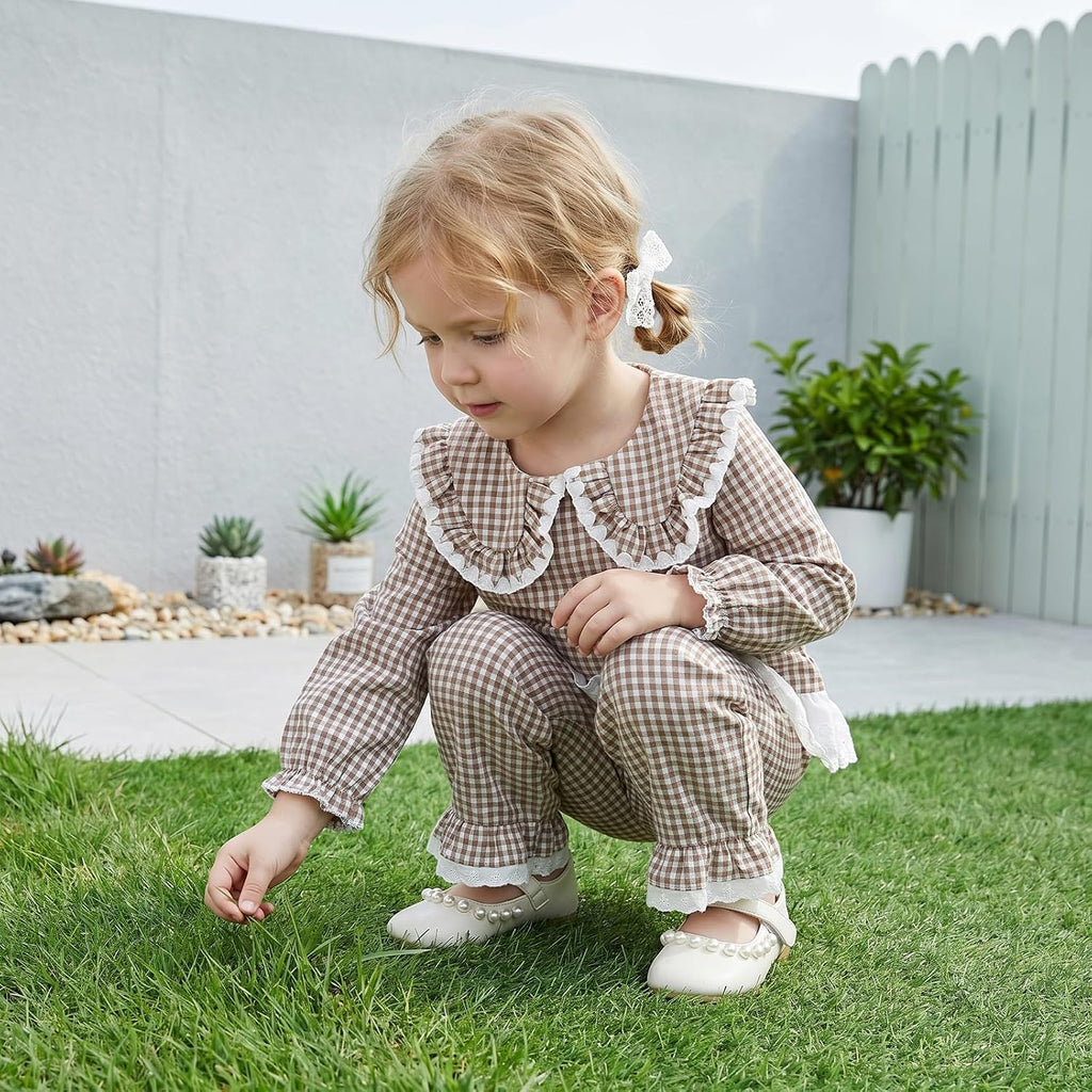Toddler Baby Girl Fall Winter Outfits Plaid Collared Ruffle Shirt Pants Set