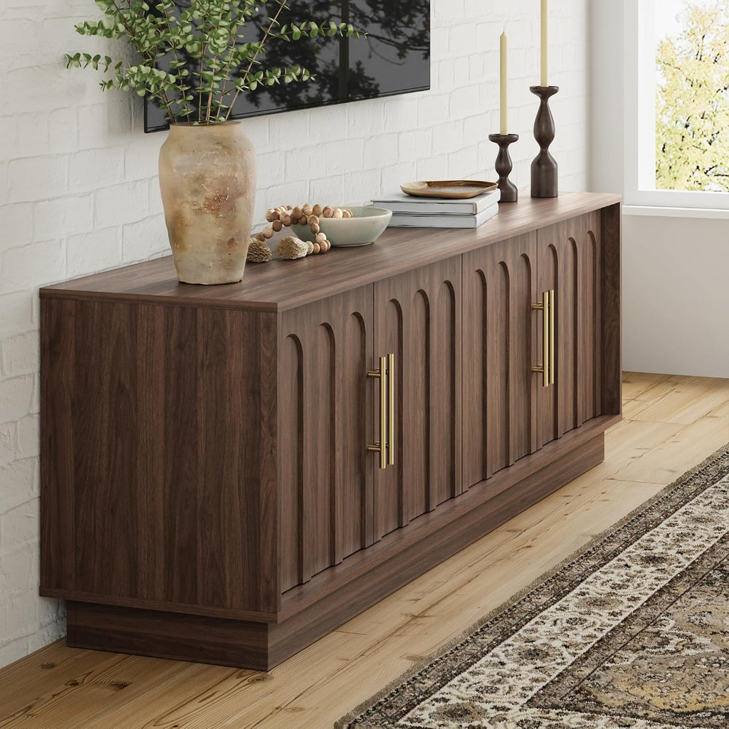 TV Stand for 75 Inch TV, Mid Century Modern TV Stand with Arched Design, Wood Grain Finish, Media Console with