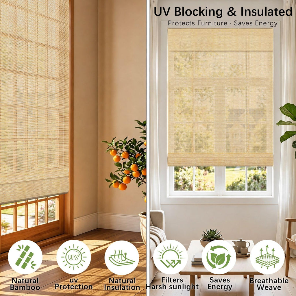 No Drill Cordless Bamboo Roman Shades, Made to Size, 54" Long