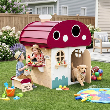 Outdoor Solid Wood Kids Playhouse for Ages 3-8 | Toddler Outdoor Play Kitchen with Chalkboard, Half Door, White Kids