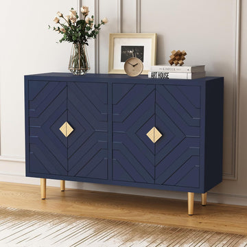 48'' Modern Sideboard Buffet Storage Cabinet with 4 Doors, Blue | Accent Storage Cabinet with Embossed Patterns