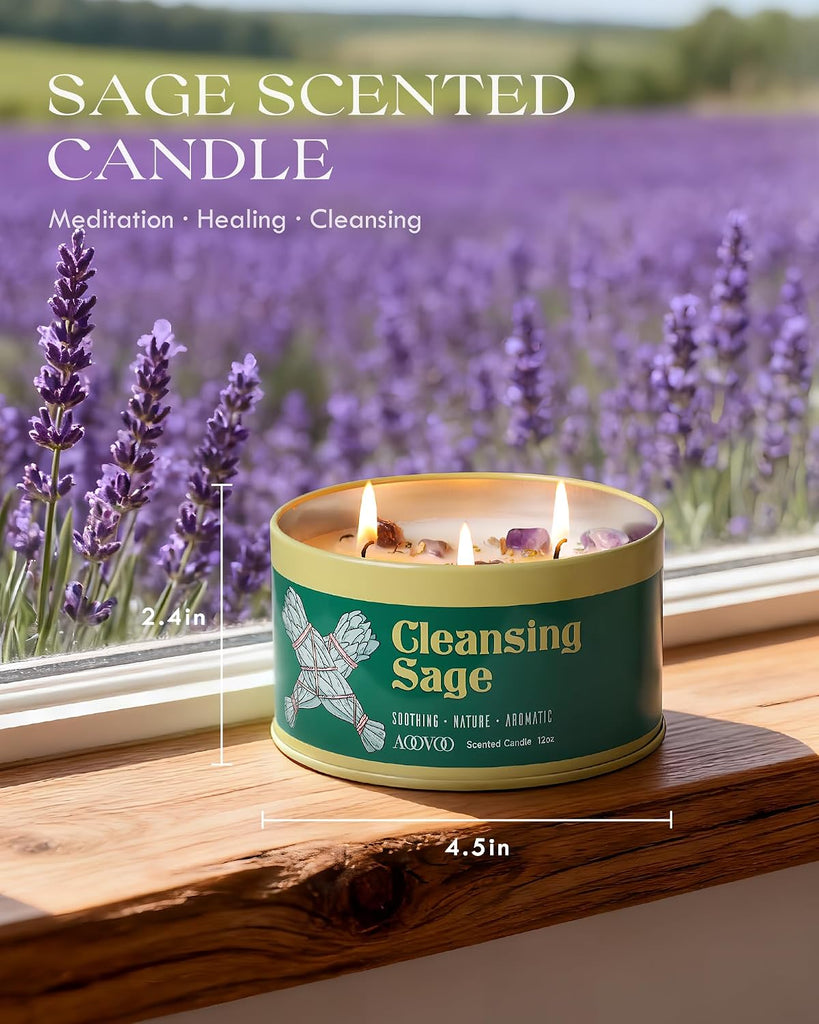 Sage Candle for Cleansing - 3 Wick 12oz Large Scented Candle with Crystals & Sage Leaves Inside, Soy Candles Non - Set of 12