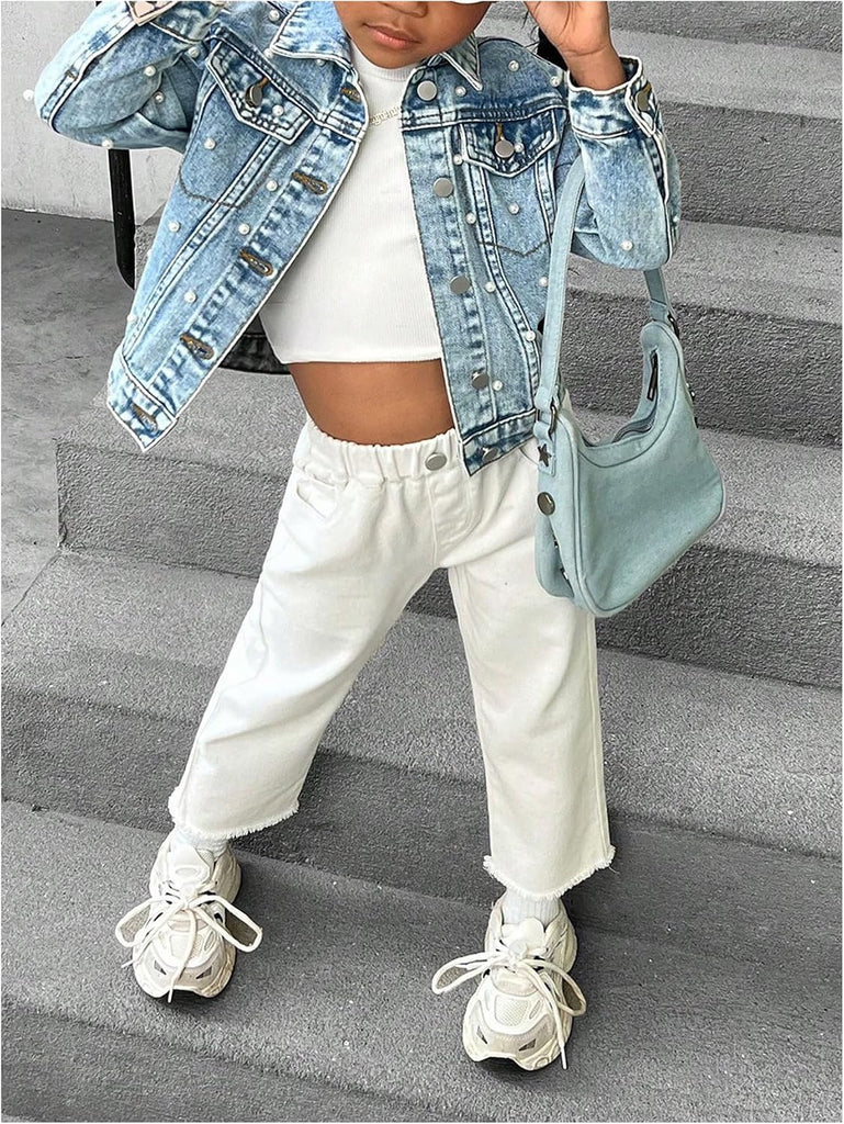 Toddler Girl's Collared Long Sleeve Button Front Ripped Denim Shirt Jacket