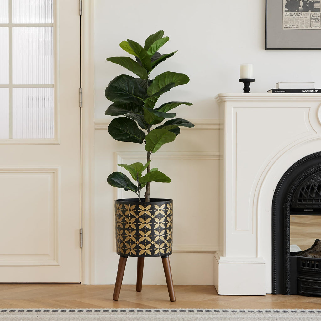 12 Inch Planter Pot with Stand, Planter for Indoor Plants, Drainage Holes and Rubber Plug, Modern Mid-Century Flower
