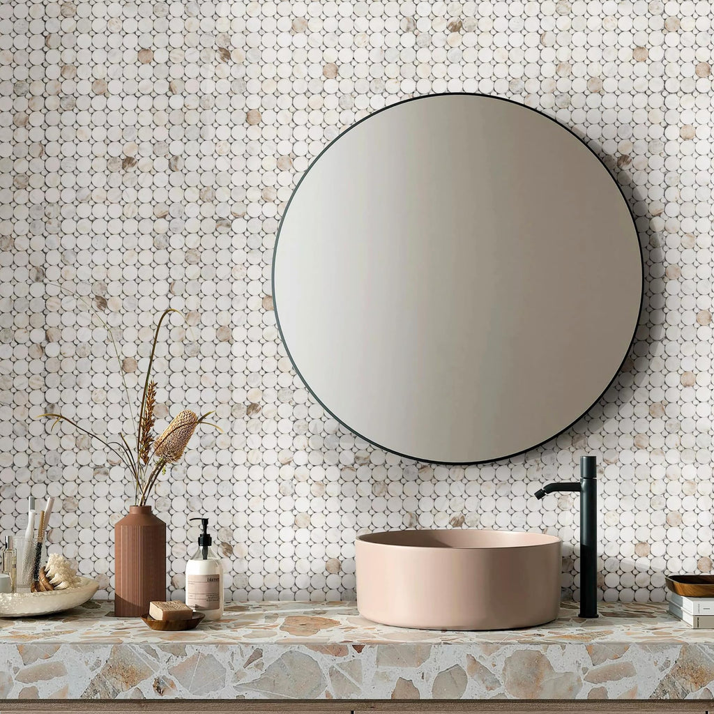 Bianco Orion White Polished Marble Mosaic Tile, Circle Penny Round Pattern, Natural Stone Floor & Wall Tile, Shower