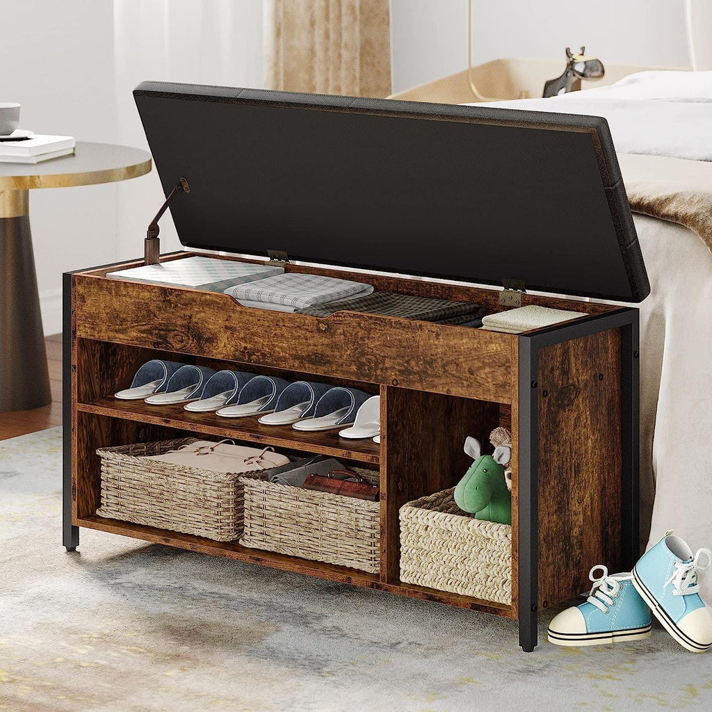 Shoe Bench, Lift Top Shoe Storage Bench, Adjustable Shelf Entryway Bench, Metal and Wood Shoe Rack Organizer with