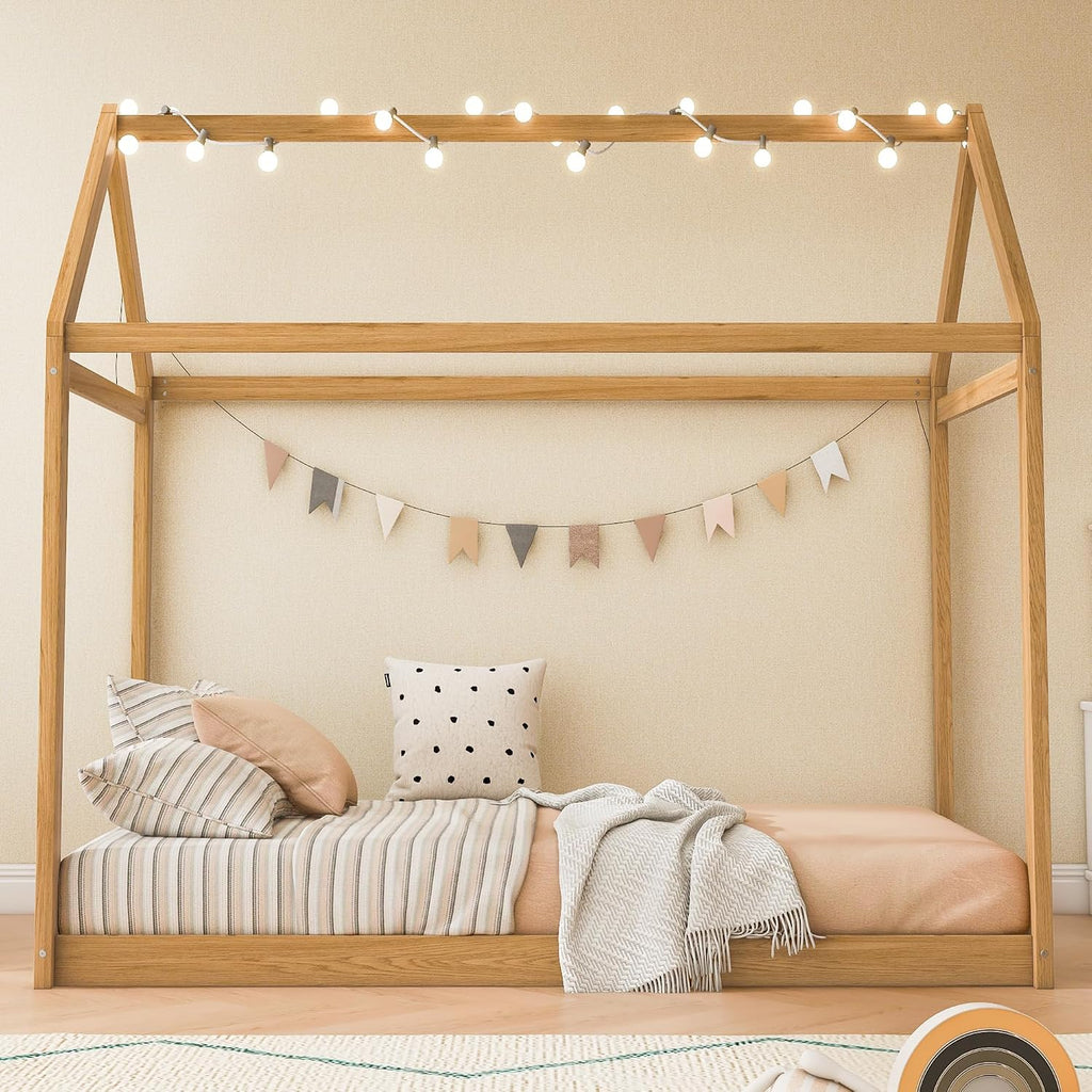 House Bed Frame with LED Lights, Solid Wood Montessori Floor Bed, Low Platform Kids Play House Bed for Boys