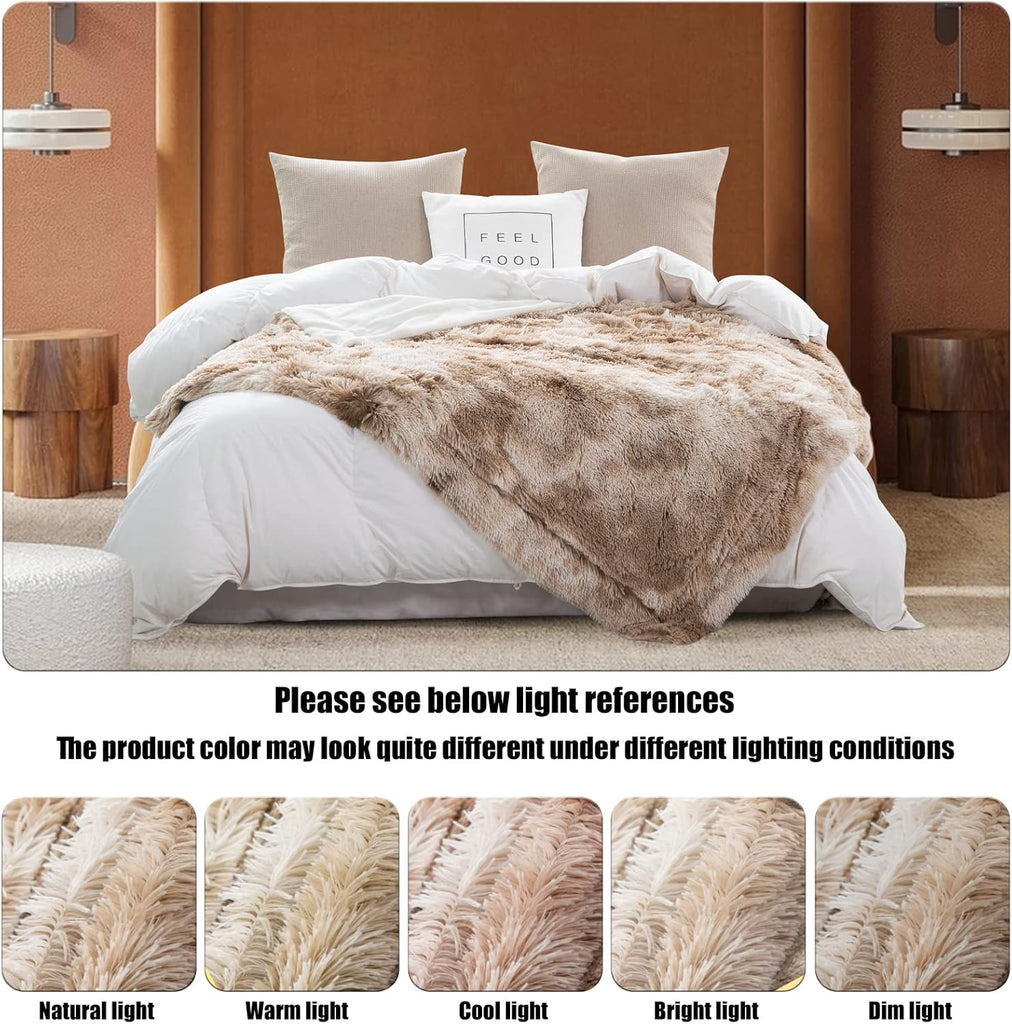 Fuzzy Faux Fur Throw Blanket Tie-dye Beige Super Soft Cozy Plush Fuzzy Shaggy Blanket, Throw(50"x60"))