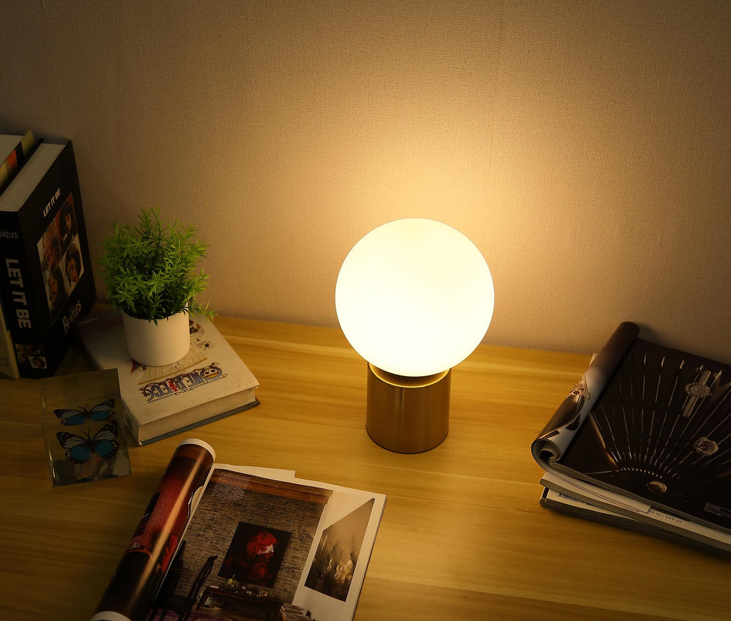 11 Inch Modern Mid Century Gold Globe Table Lamp, Round Bedside Nightstand Lamp with White Glass Shade Metal Base