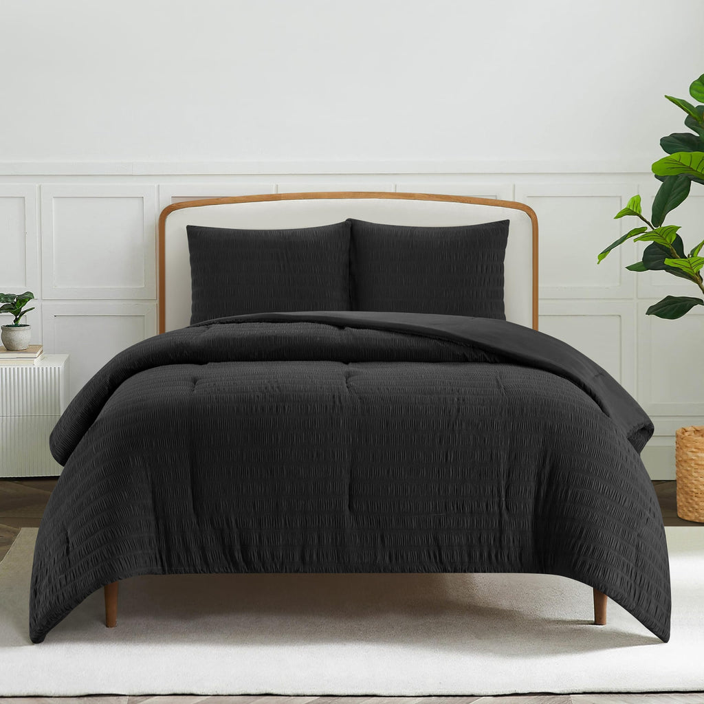 3-Piece Seersucker Comforter Set, Black Bedding, Ultra Soft, Lightweight & All-Season Comforter with