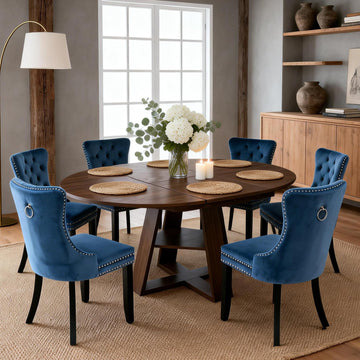 Round Extendable Dining Table Set for 6, 43"-59" Walnut Expandable Kitchen Table with 6 Blue Velvet Tufted Chairs