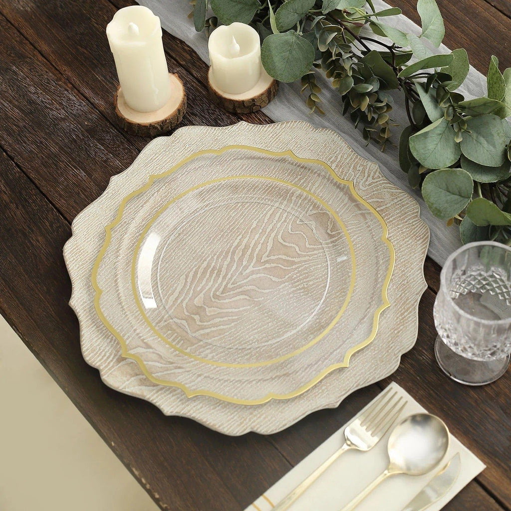 Rustic White 13 in Wooden Round Acrylic Charger Plates | 13-Inch Scalloped Trim Dinnerware Set for Holiday Parties