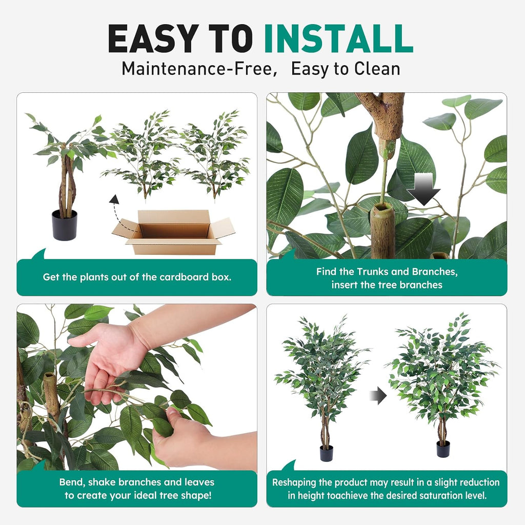 Artificial Ficus Tree 4ft, Artificial Plants Indoor with Realistic Leaves & Trunk, Fake Plants Living Room Decor.