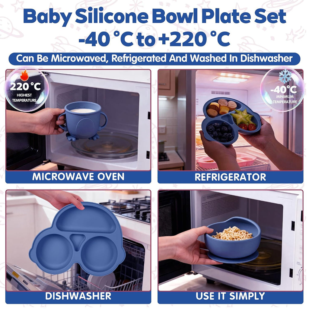 Feeding Set, Baby Led Weaning Supplies Kit With Suction Bowl & Car Plate, Bib, Spoon, Fork, Cup - Food-Grade